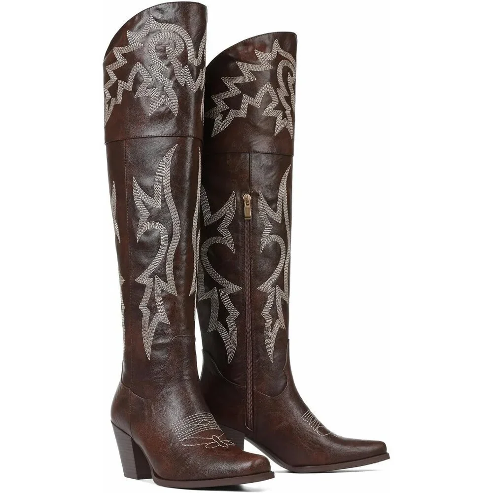 Women Dark Brown Pu Polyurethane Embroidered Pointed Toe Chunky Heels Tall Boots
